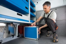 A case transport system inside a van