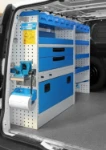 02_The left of the Mercedes Vito, with an enclosed compartment, drawers, shelves and plastic containers