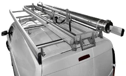 A Dacia Dokker with a pivoting ladder rack and a pipe carrier