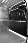 Aluminium chequer plate interior liners and a plywood floor liner in the Movano