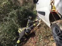 Inflatable cushions used to raise the van off the slope
