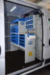 The racking system for servicing packaging machines seen through the Ducato’s side door