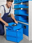 Shelves of plastic containers for vans