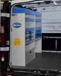The left side racking, made up of shelves, drawers and wheel arch cabinets